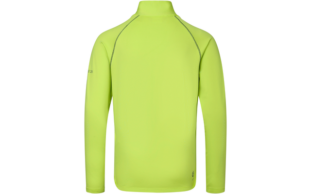 Achteraanzicht van een neon geelgroene top met lange mouwen, opstaande kraag, raglannaden en kleine opdruk rechtsonder