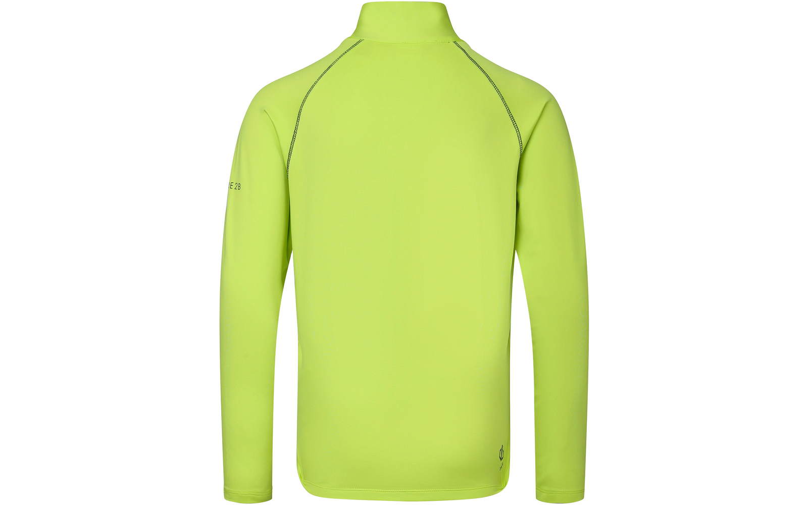 Achteraanzicht van een neon geelgroene top met lange mouwen, opstaande kraag, raglannaden en kleine opdruk rechtsonder