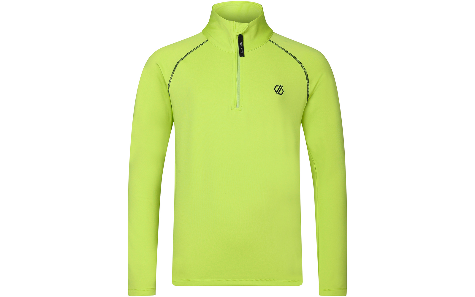 Neongroene longsleeve met opstaande kraag en korte rits, klein zwart logo links op de borst en zwarte stiknaden langs de raglanmouwen
