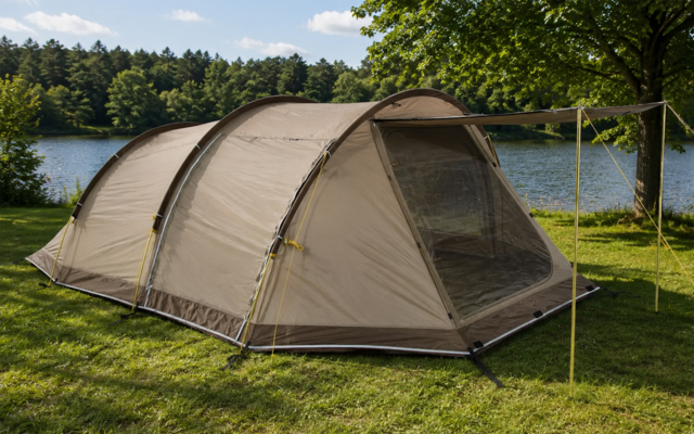 Tente tunnel beige sur de l'herbe verte au bord d'un lac, arbres en arrière-plan et ciel bleu avec quelques nuages