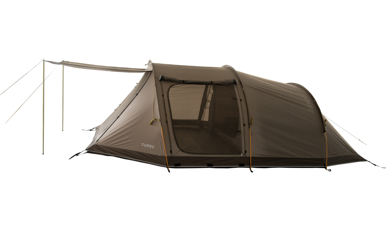 Tente tunnel de couleur olive avec auvent, grande entrée en mesh, arceaux externes et haubans sur fond blanc