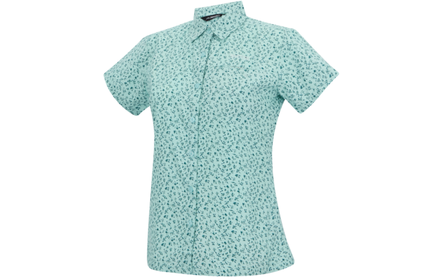 Kurzärmlige mintgrüne Bluse mit Kragen, durchgehender Knopfleiste und kleinem dunklem Blumenmuster
