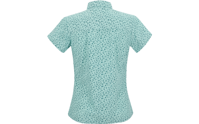Rückenansicht eines taillierten, kurzärmligen helltürkisfarbenen Hemds mit Kragen und kleinem dunklem Blumenmuster