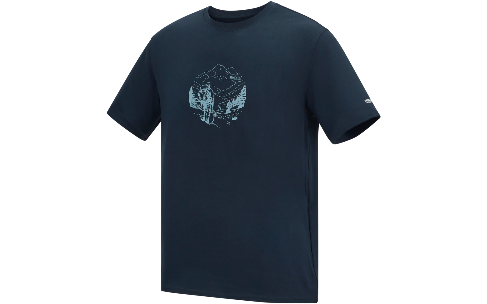 Donkerblauw T-shirt met een rond lichtblauw motief in het midden: bergen, persoon met rugzak, bomen en een meer