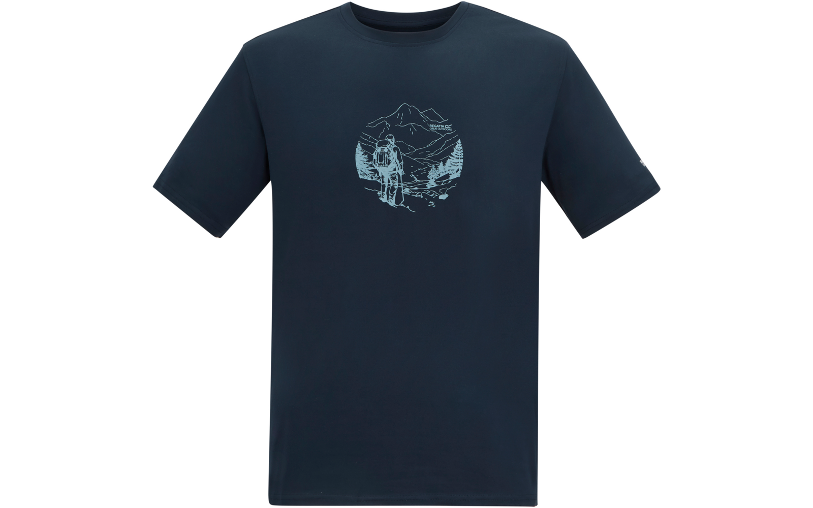 Donkerblauw T-shirt met korte mouwen en een rond lichtblauw borstmotief: getekende persoon met rugzak voor bergen, bomen en een beek, gecentreerd op de borst