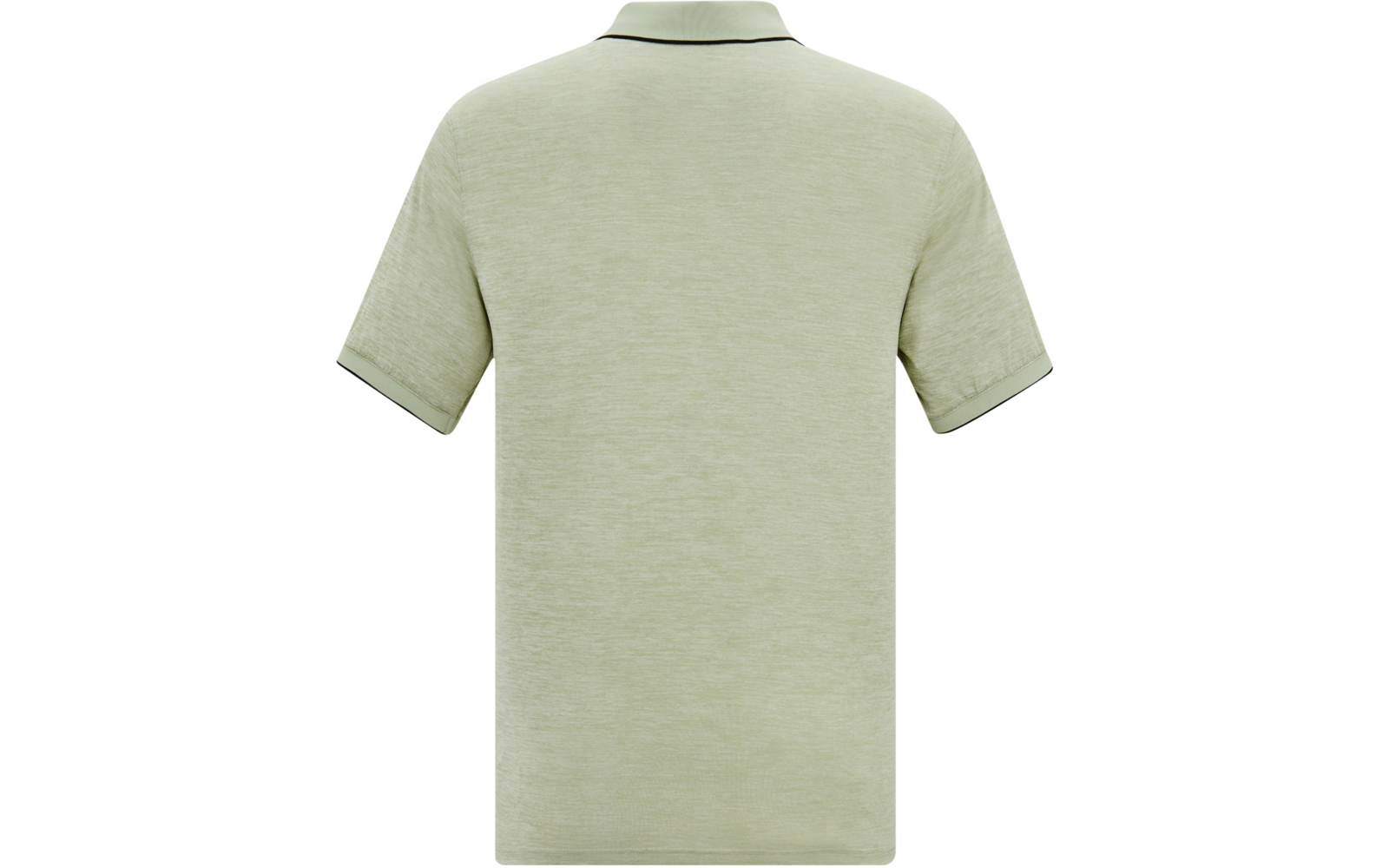 Rückansicht eines hellgrünen kurzärmligen Poloshirts mit kontrastfarbenem Rand am Kragen und an den Ärmeln