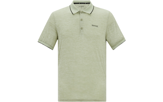 Hellgrünes meliertes Polohemd mit kurzen Ärmeln, dreiknöpfige Knopfleiste, Kragen mit dünnem dunklem Rand, kleiner Logostick auf der linken Brust