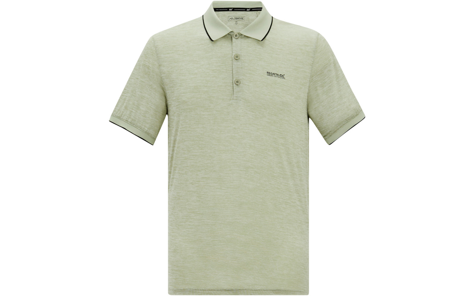 Hellgrünes meliertes Polohemd mit kurzen Ärmeln, dreiknöpfige Knopfleiste, Kragen mit dünnem dunklem Rand, kleiner Logostick auf der linken Brust