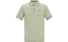 Hellgrünes meliertes Polohemd mit kurzen Ärmeln, dreiknöpfige Knopfleiste, Kragen mit dünnem dunklem Rand, kleiner Logostick auf der linken Brust