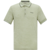 Hellgrünes meliertes Polohemd mit kurzen Ärmeln, dreiknöpfige Knopfleiste, Kragen mit dünnem dunklem Rand, kleiner Logostick auf der linken Brust