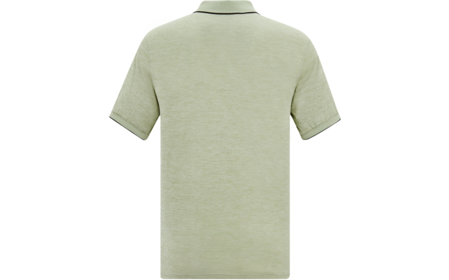 Rückansicht eines hellgrünen kurzärmligen Poloshirts mit kontrastfarbenem Rand am Kragen und an den Ärmeln