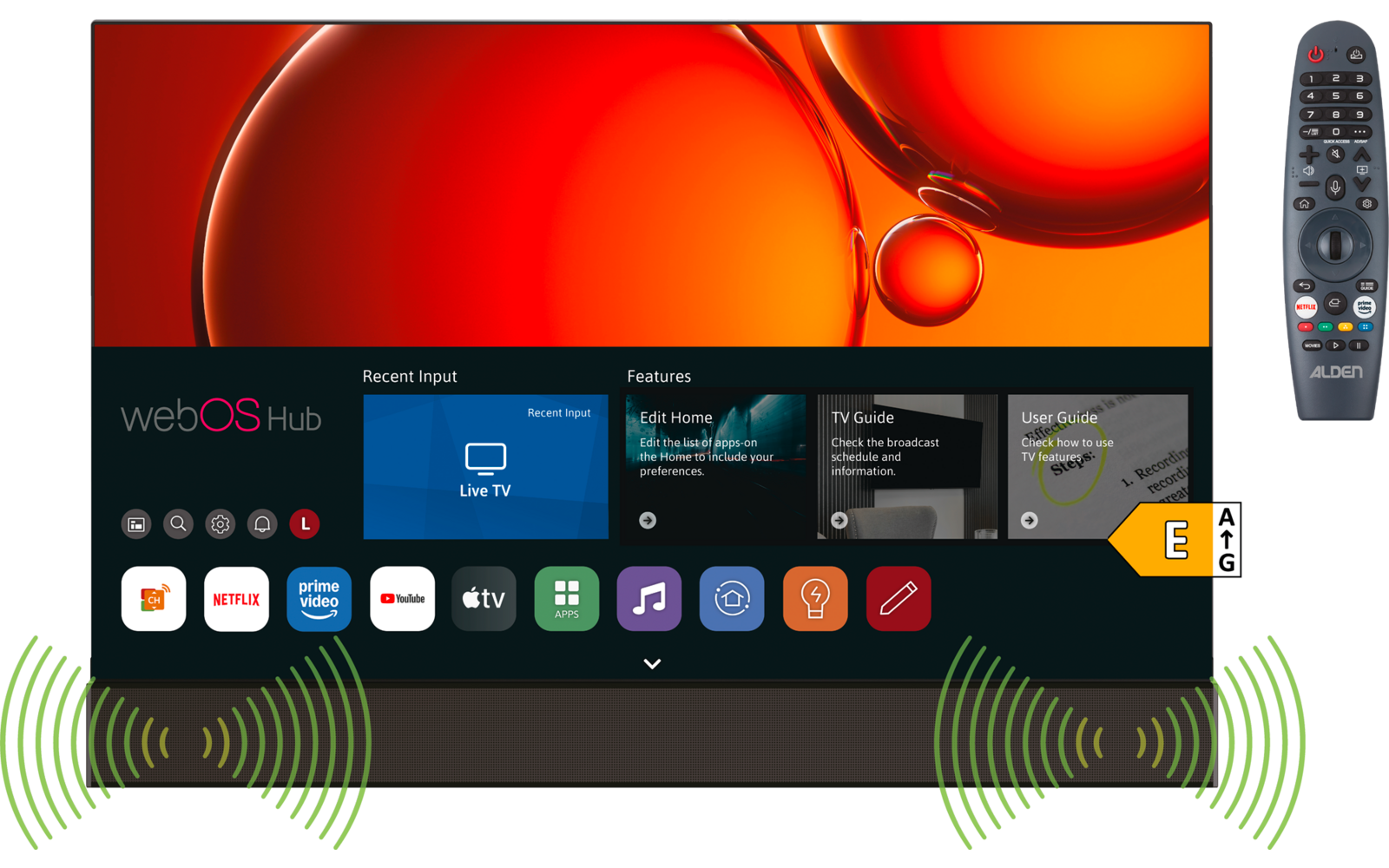 Flacher Fernseher mit Bildschirm, auf dem 'webOS Hub', App-Symbole und ein orange-rotes Hintergrundbild mit Blasen zu sehen sind; eine Fernbedienung rechts am Bildrand; grüne Schallwellen unten links und rechts