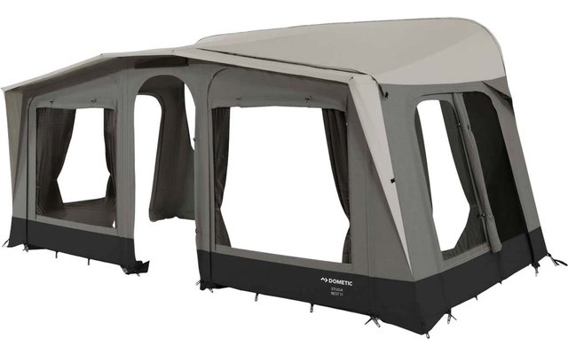 Large grey inflatable awning with multiple windows, mesh and fabric panels, black base and open central doorway