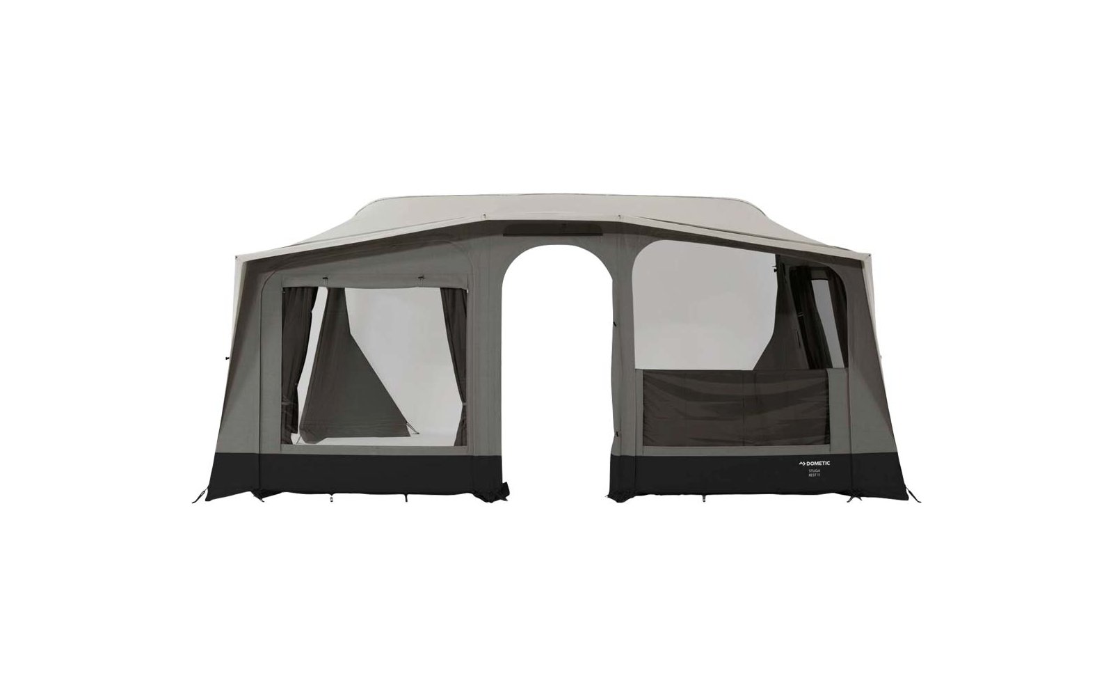 Large light-gray camping awning with a central arched entrance opening, two large side windows with curtains, and a dark base trim