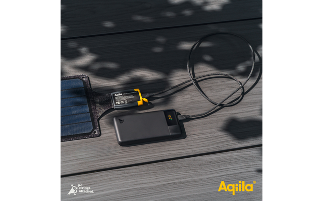 Solar-Ladegerät und angeschlossenes Smartphone auf einem Holztisch im Freien