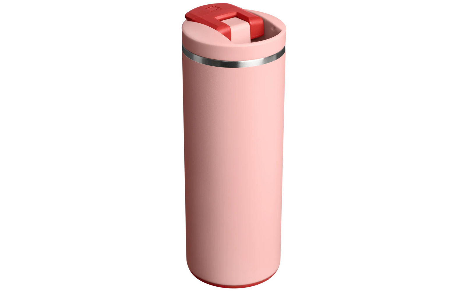 Rosa Trinkbecher mit rotem Klappdeckel, silbernem Ring nahe dem oberen Rand und rotem Boden