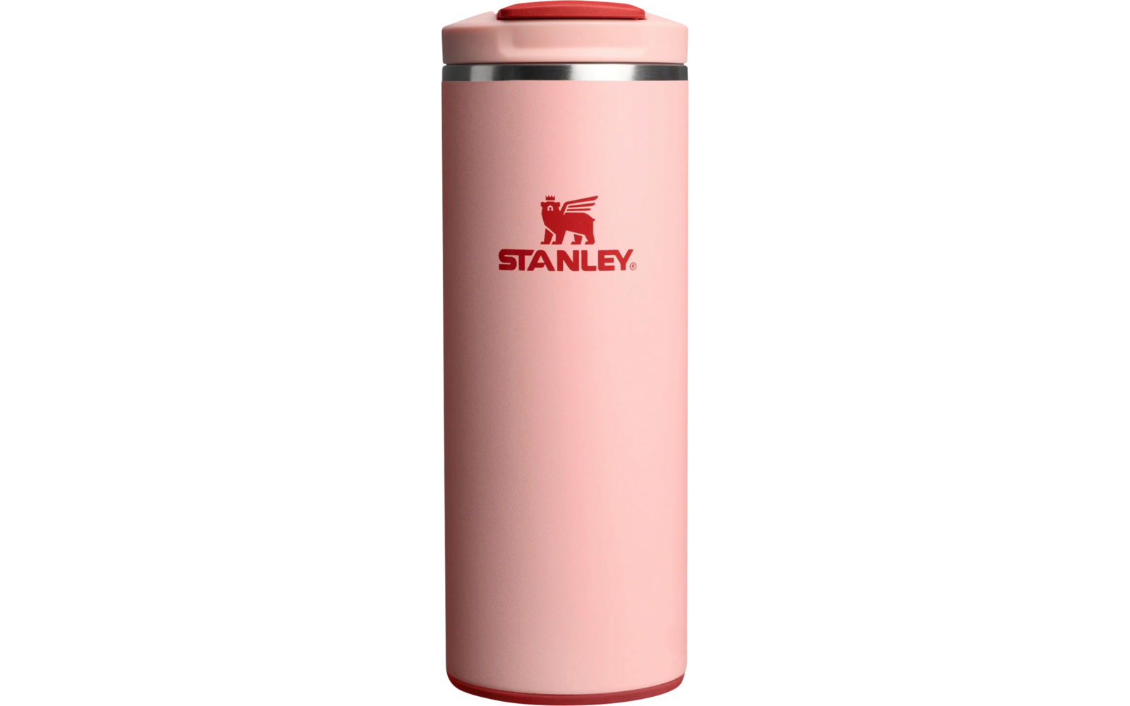 Rosa, zylindrischer Trinkbecher mit rosafarbenem Deckel, silbernem Metallring oben und rotem 'STANLEY'-Logo mit geflügeltem Löwen