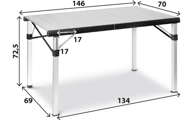 Rechteckiger Tisch mit weißem Lattenplatte, schwarzem Rand, vier silbernen Beinen und diagonalen Stützstreben; eingezeichnete Maßpfeile und Zahlen 146, 70, 72.5, 69, 134, 17