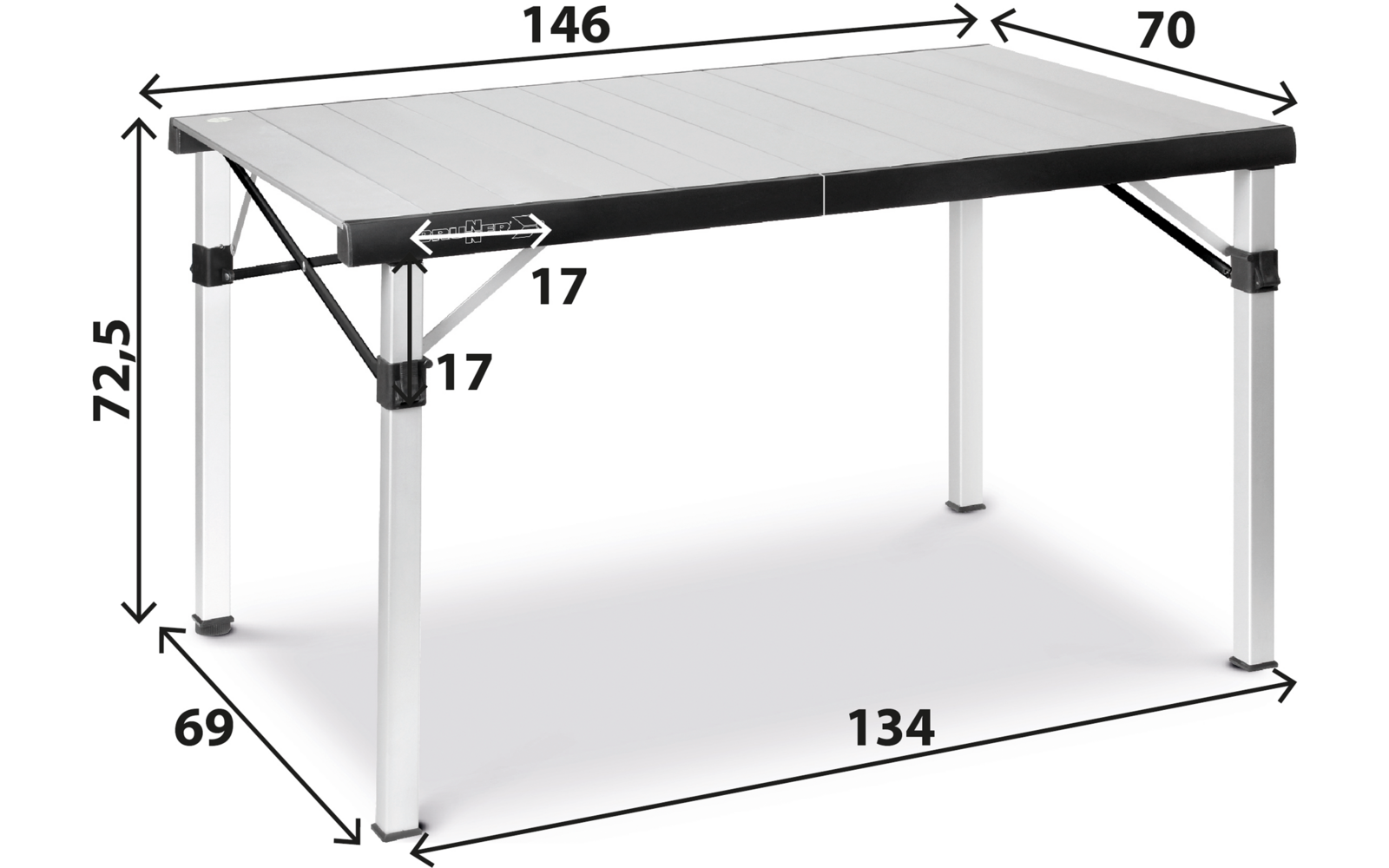 Rechteckiger Tisch mit weißem Lattenplatte, schwarzem Rand, vier silbernen Beinen und diagonalen Stützstreben; eingezeichnete Maßpfeile und Zahlen 146, 70, 72.5, 69, 134, 17