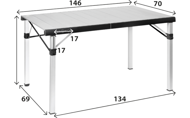 Rechteckiger Tisch mit weißem Lattenplatte, schwarzem Rand, vier silbernen Beinen und diagonalen Stützstreben; eingezeichnete Maßpfeile und Zahlen 146, 70, 72.5, 69, 134, 17