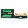 Two components side by side: left, a black rectangular housing with green terminal blocks, an orange switch and the printed text 'VOTRONIC SIRIUS IO'; right, a black base with two parallel metal bars, two bolts and a green connector