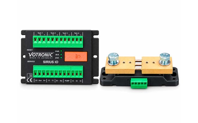 Two components side by side: left, a black rectangular housing with green terminal blocks, an orange switch and the printed text 'VOTRONIC SIRIUS IO'; right, a black base with two parallel metal bars, two bolts and a green connector