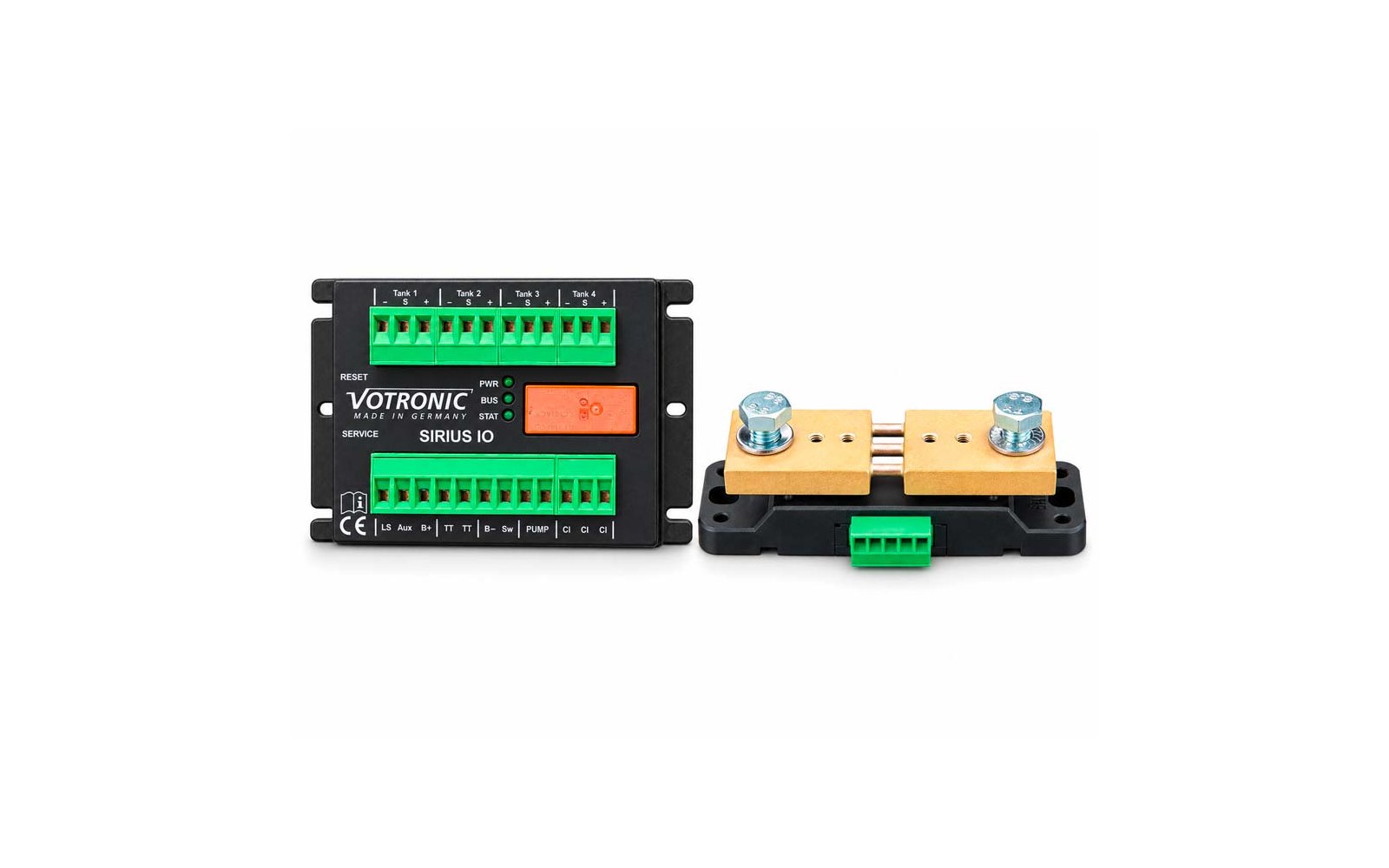 Two components side by side: left, a black rectangular housing with green terminal blocks, an orange switch and the printed text 'VOTRONIC SIRIUS IO'; right, a black base with two parallel metal bars, two bolts and a green connector