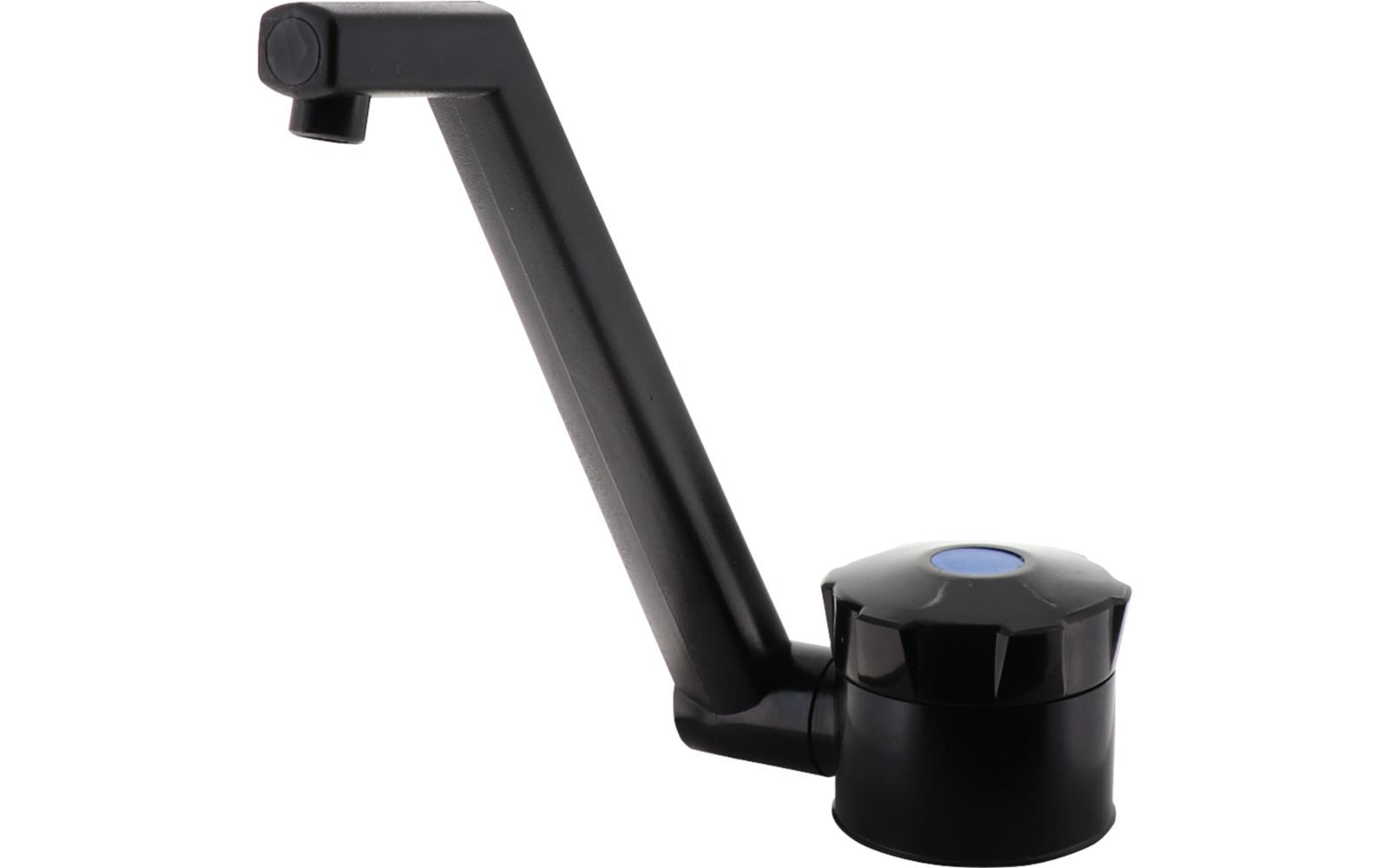 Rubinetto nero con beccuccio lungo inclinato e manopola rotonda con inserto blu