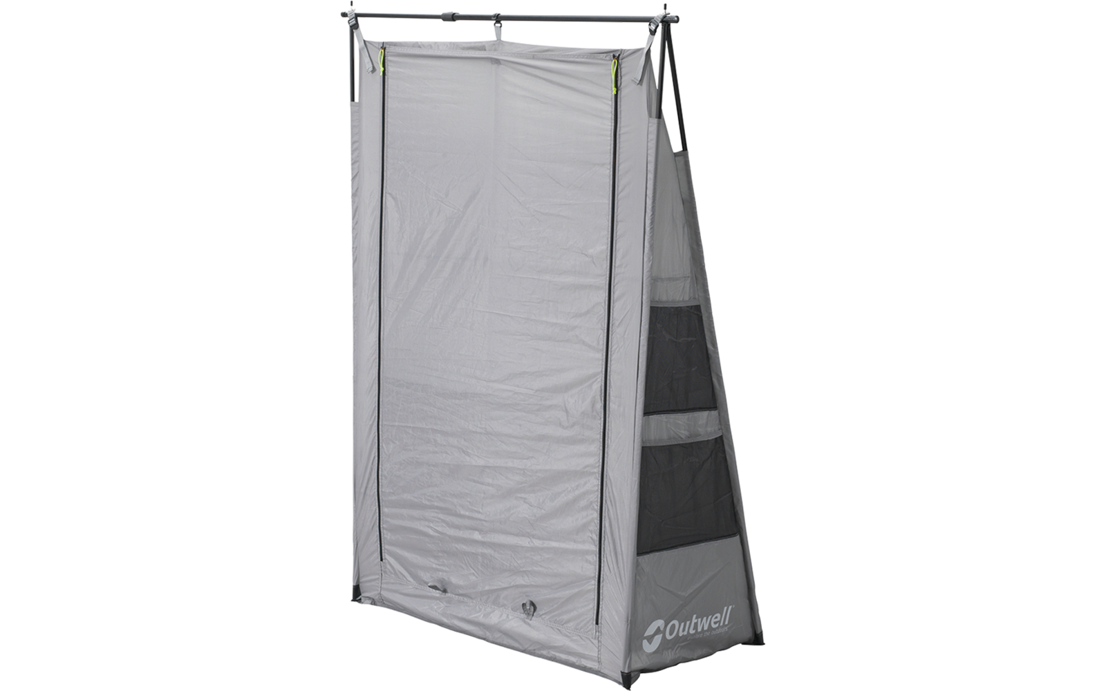 Graues, freistehendes Zelt mit Metallgestänge, geschlossener Fronttür mit Reißverschluss, seitlicher dreiteiliger Netzstreifen und „Outwell“-Logo unten rechts