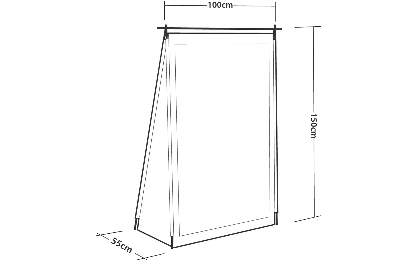Schwarz-weiße technische Zeichnung eines stehenden rechteckigen Rahmens mit geneigter Vorderseite; obere Breite 100 cm, Tiefe 55 cm, Höhe 150 cm