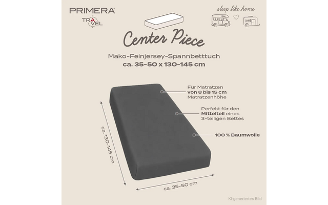 Afbeelding van een donkergrijs wigvormig hoeslaken; tekst 'Center Piece' en 'PRIMERA TRAVEL', afmetingen 'ca. 35–50 x 130–145 cm' en '100% katoen'