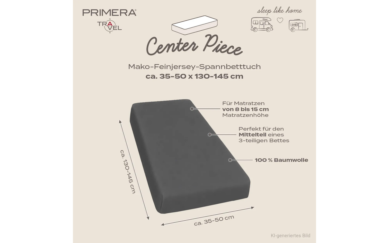 Afbeelding van een donkergrijs wigvormig hoeslaken; tekst 'Center Piece' en 'PRIMERA TRAVEL', afmetingen 'ca. 35–50 x 130–145 cm' en '100% katoen'