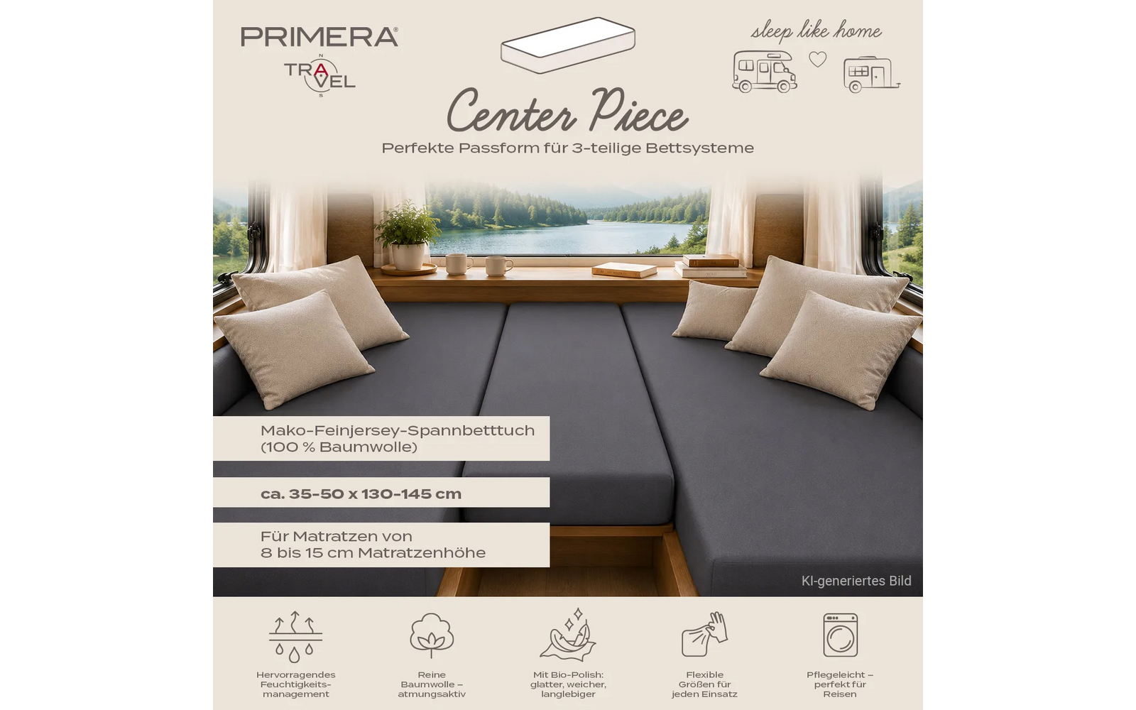 Interieur met uitgespreide donkergrijze matrasoppervlakken, vier beige kussens, vensterbank met plant en kopjes, uitzicht op een meer en bergen door het raam; boven de tekst 'PRIMERA TRAVEL' en titel 'Center Piece', onderaan iconen en productinformatie