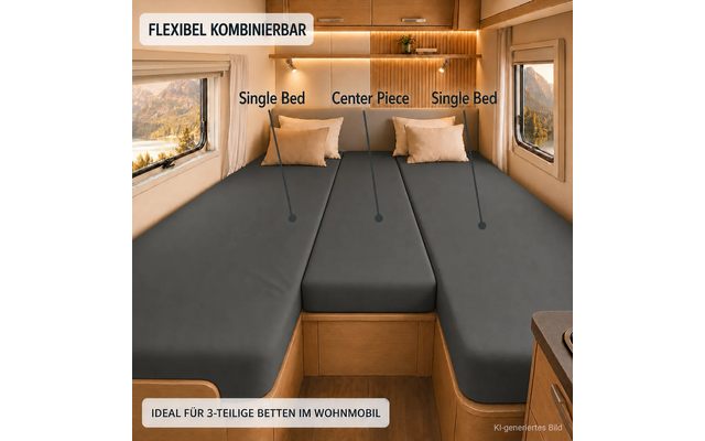 Interieur van een camper met een driedelig donkergrijs matrasoppervlak, drie beige kussens, houten panelen, warme inbouwverlichting, twee zijramen met berglandschap en zichtbare teksten 'Single Bed' en 'Center Piece' en banners