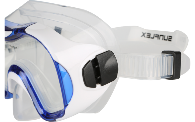 Taucherbrille mit blauem Rahmen und weißem Riemen