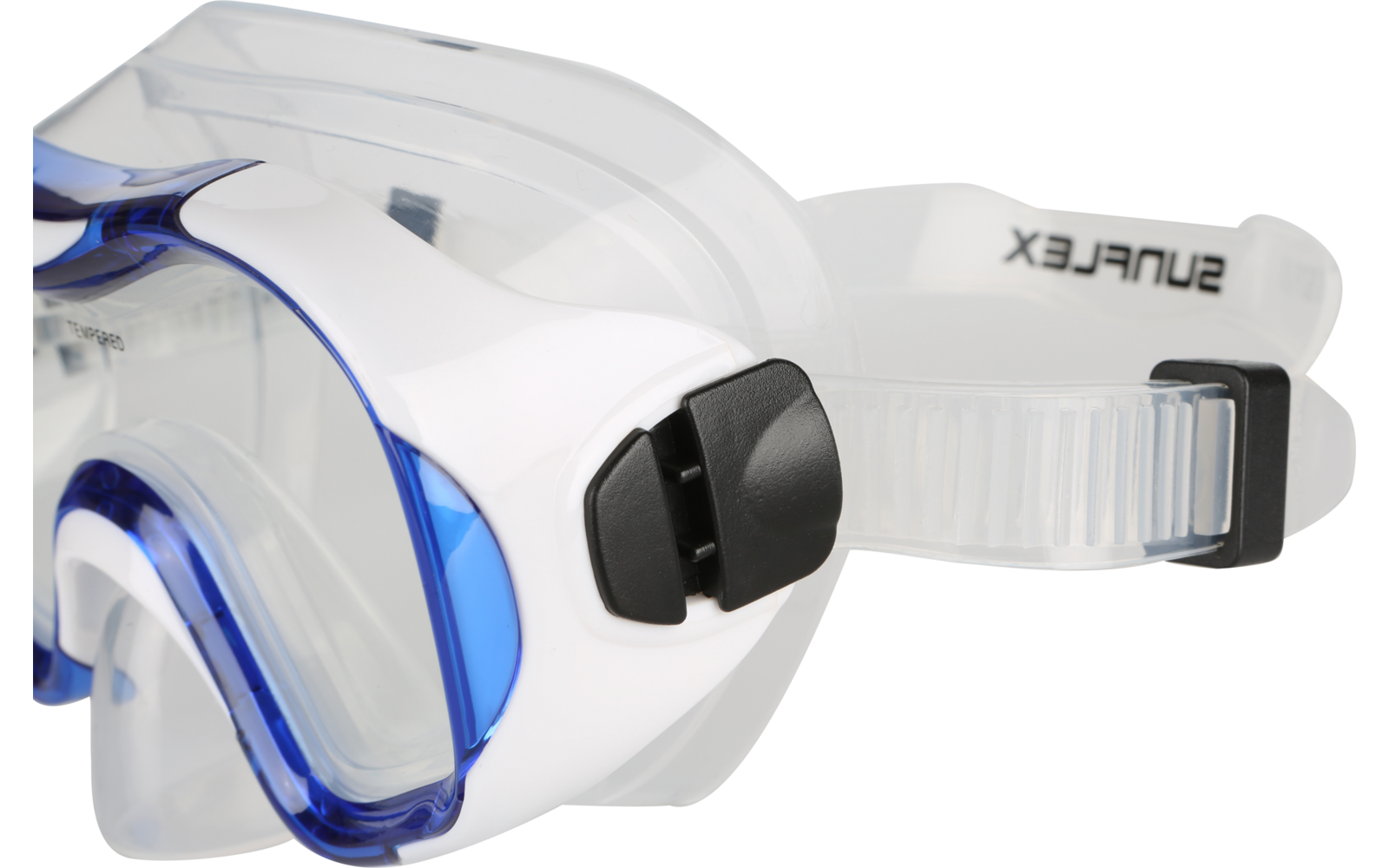 Taucherbrille mit blauem Rahmen und weißem Riemen