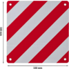 Pannello quadrato con strisce diagonali rosse e bianche, quattro teste di vite agli angoli e indicazioni '300 mm' sui lati