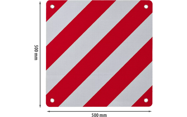 Pannello quadrato con strisce diagonali rosse e bianche, quattro teste di vite agli angoli e indicazioni '300 mm' sui lati