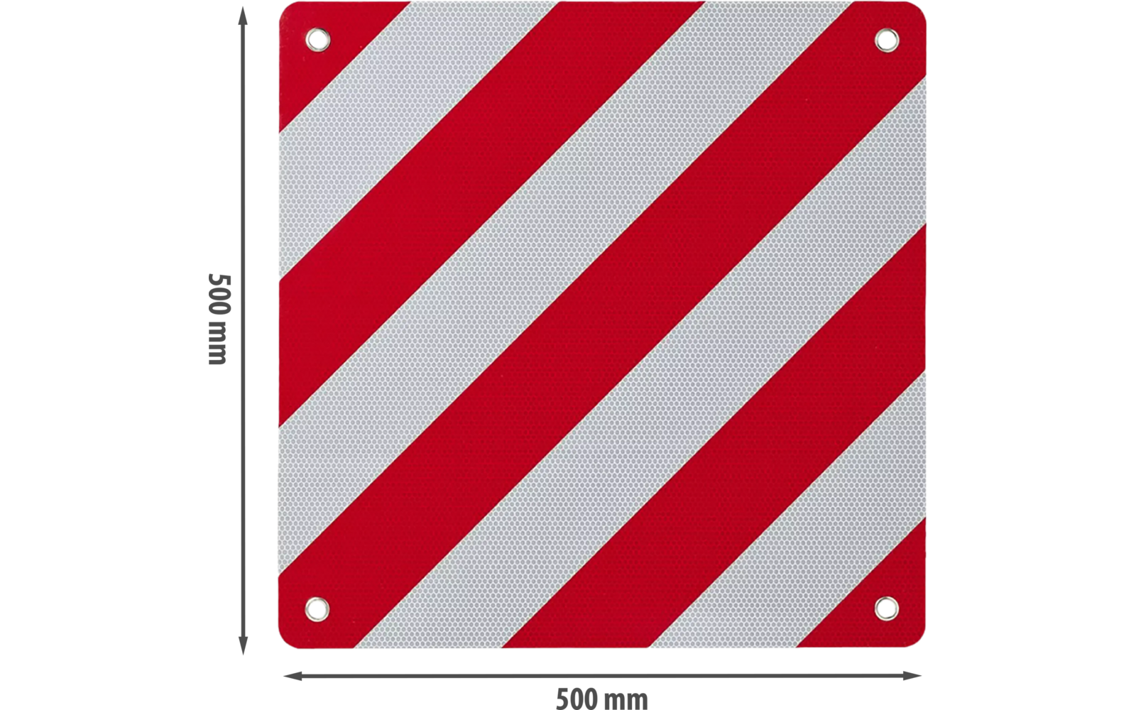 Pannello quadrato con strisce diagonali rosse e bianche, quattro teste di vite agli angoli e indicazioni '300 mm' sui lati