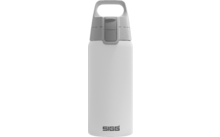 Bouteille blanche avec bouchon gris, poignée de transport en haut et logo SIGG en bas
