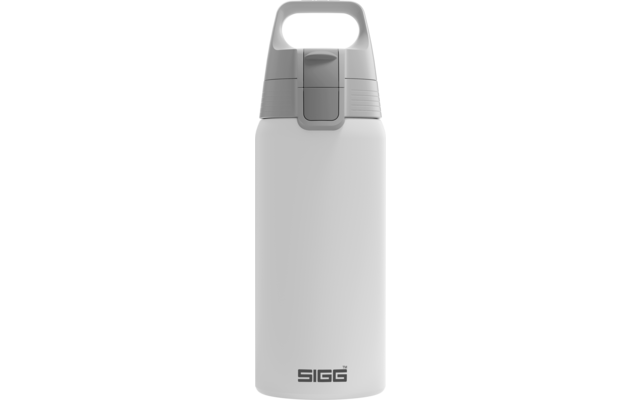 Weiße Flasche mit grauem Deckel, Tragegriff oben und SIGG-Logo unten
