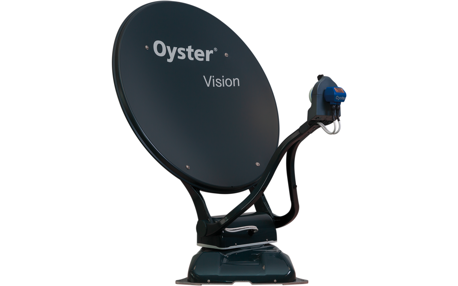 Schwarze Satellitenschüssel mit Aufschrift Oyster Vision auf weißem Hintergrund
