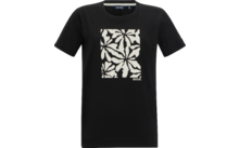 Schwarzes T‑Shirt mit rundem Ausschnitt und rechteckigem weißem Blumenmuster auf der Brust, unten rechts im Muster ein kleines weißes Logo