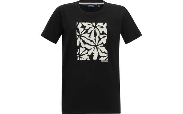 Schwarzes T‑Shirt mit rundem Ausschnitt und rechteckigem weißem Blumenmuster auf der Brust, unten rechts im Muster ein kleines weißes Logo