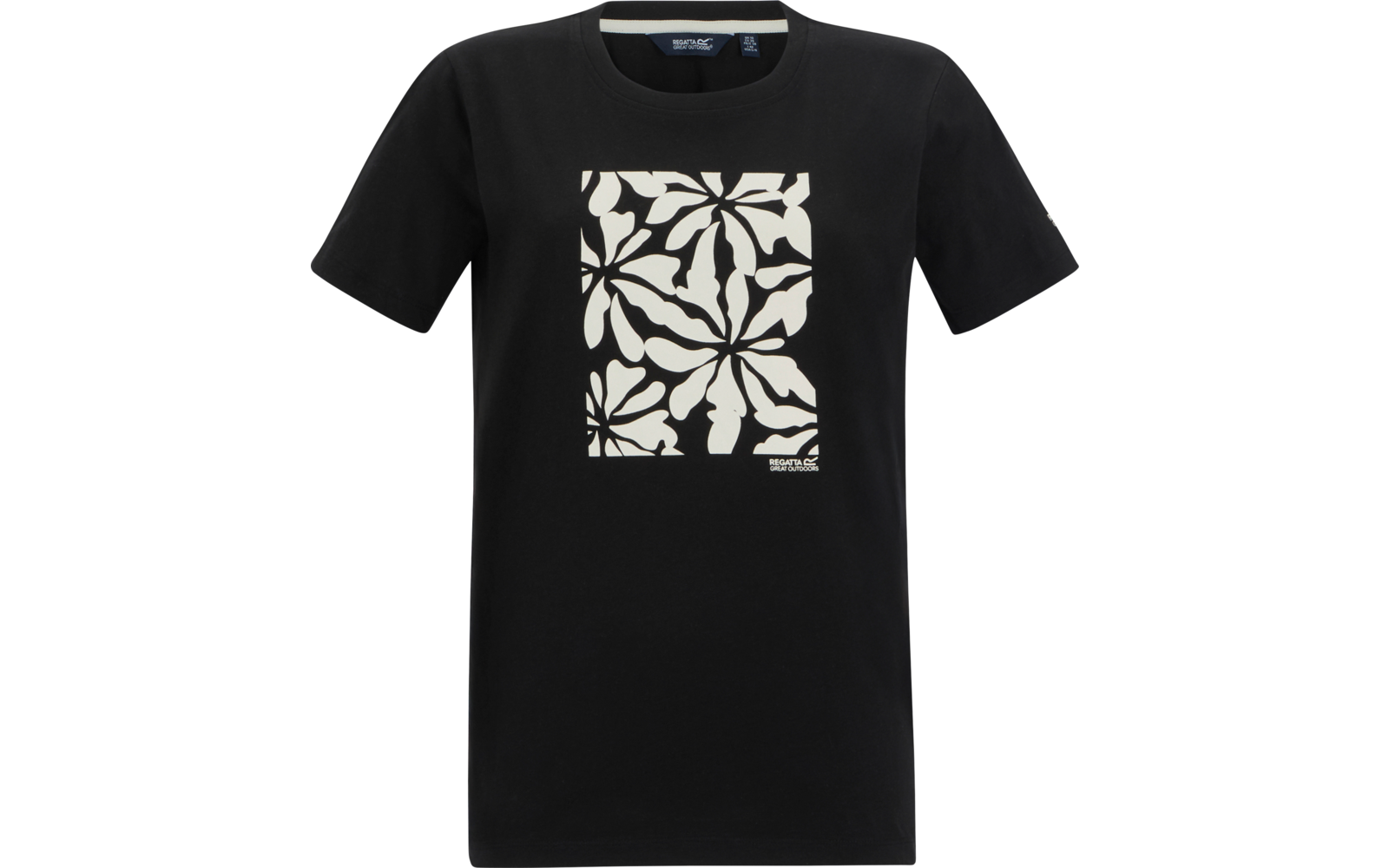 Schwarzes T‑Shirt mit rundem Ausschnitt und rechteckigem weißem Blumenmuster auf der Brust, unten rechts im Muster ein kleines weißes Logo