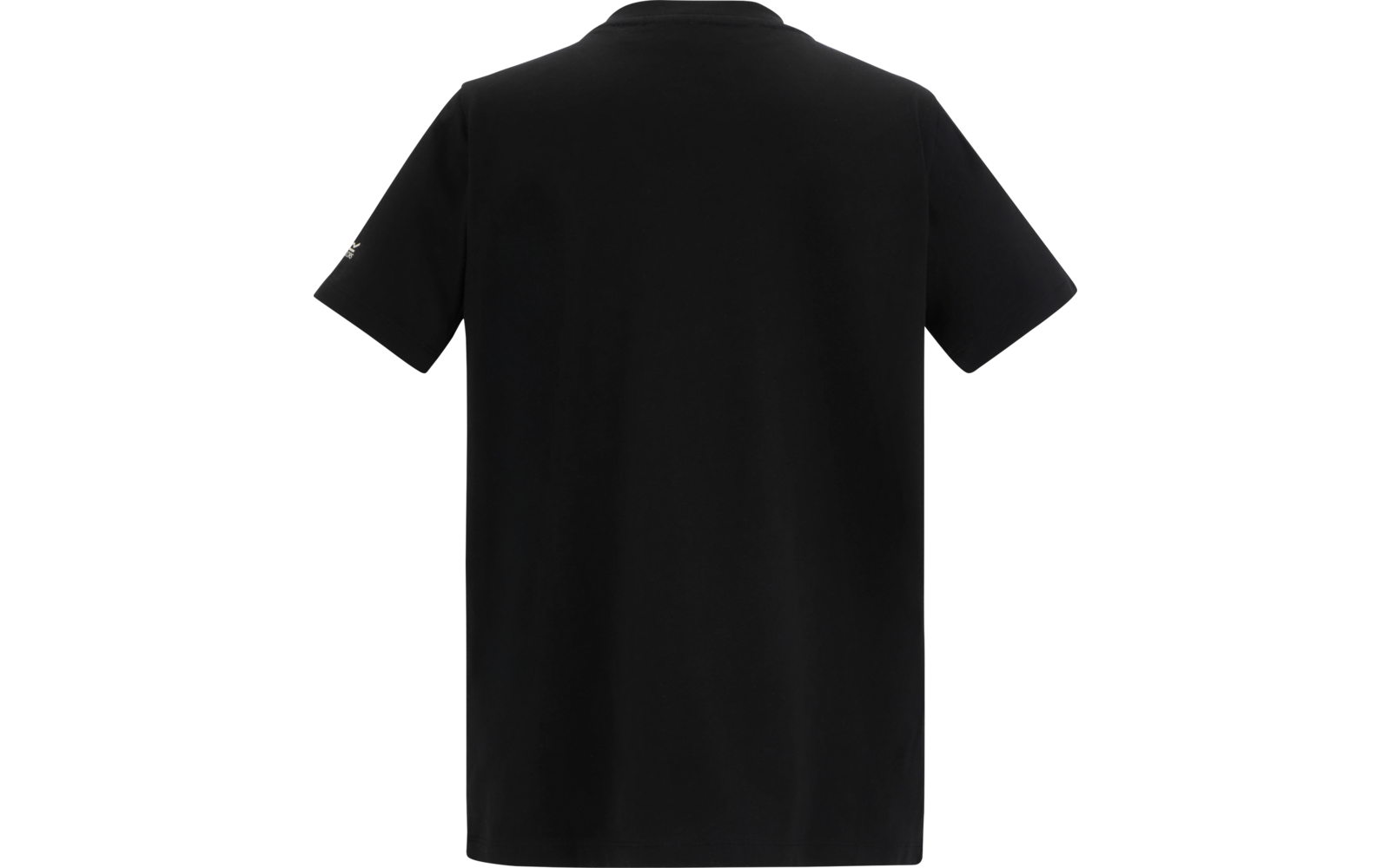 Schwarzes T‑Shirt, Rückansicht, kurze Ärmel, weißer Hintergrund