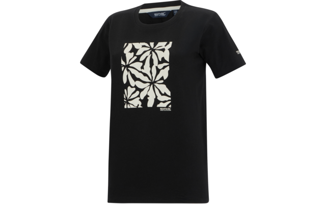 Schwarzes T-Shirt mit Rundhalsausschnitt und kurzen Ärmeln, weißes rechteckiges Blattmuster auf der Brust