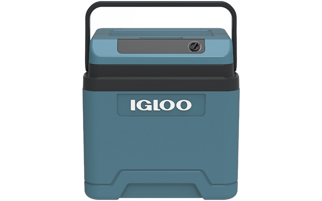 Blau-graue Igloo-Kühlbox mit schwarzem Tragegriff, Deckel mit Verschluss, Vorderseite mit Schriftzug 'IGLOO'