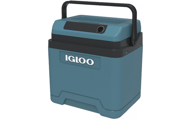 Türkisblaue rechteckige Box mit schwarzem Tragegriff, weißer Aufschrift "IGLOO" auf der Vorderseite und schwarzem Drehknopf auf dem Deckel