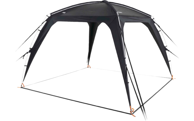 Open donkergrijs tentframe met vier gebogen steunpilaren, zichtbare framebuizen, oranje haringen en scheerlijnen op witte achtergrond